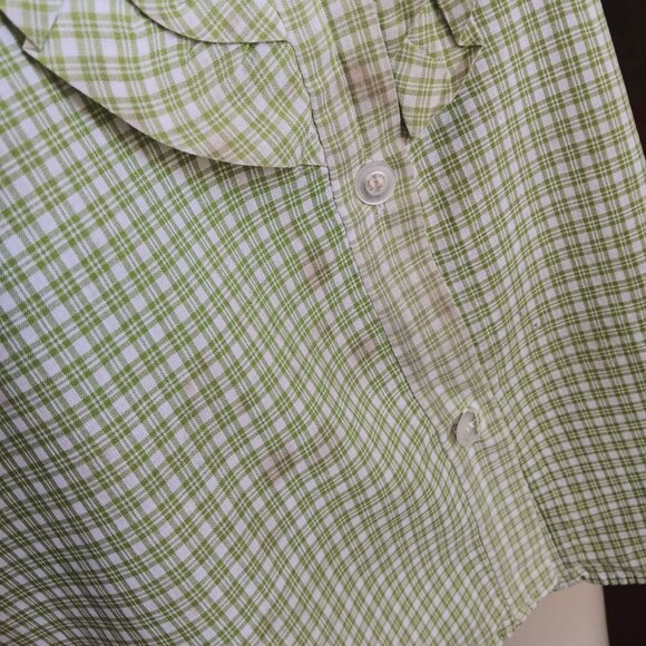 Large Vintage Green Plaid Short-Sleeve Ruffle Blouse Top With High Collar 1970's - Picture 6 of 7